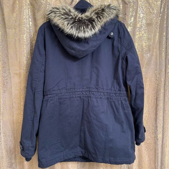 BCBGeneration Navy Blue Hooded Faux Fur Trim Anorak Parka Coat Large - Picture 2 of 10